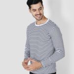 Men's Round Neck Black and White Stripes Full Sleeve T-Shirt